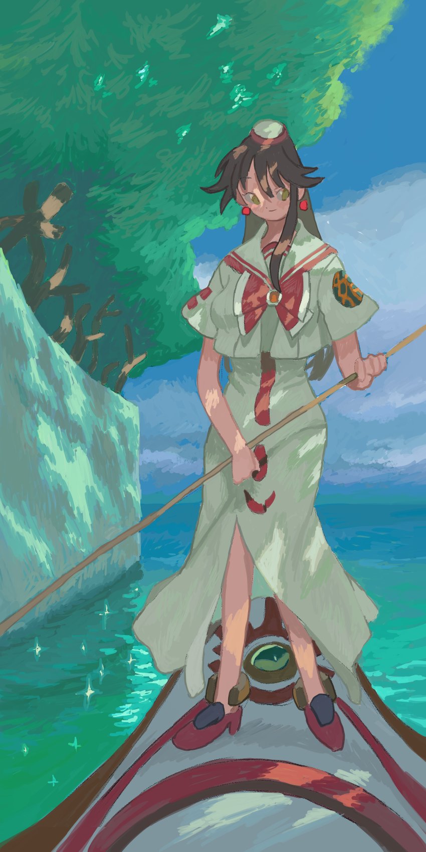 torikeyu, akira ferrari, aria (manga), commentary request, highres, 1girl, bow, bowtie, brown hair, choppy bangs, cloud, cloudy sky, dappled sunlight, dress, earrings, full body, gondola, green eyes, hat, himeya company uniform, holding, holding oar, jewelry, long hair, long single sidelock, looking to the side, oar, ocean, red bow, red bowtie, red shoes, red trim, sailor collar, shoes, sky, sunlight, tree, tree shade, undine (aria), white dress, white hat