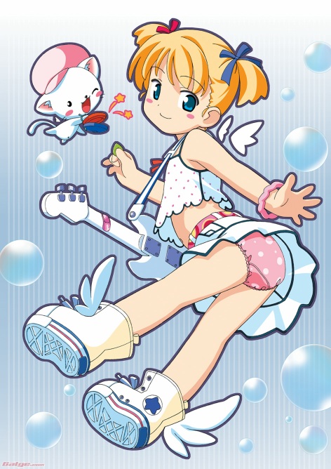 kuuchuu yousai, character request, source request, 1girl, ass, blonde hair, blue eyes, boots, cat, female focus, guitar, instrument, loli, looking back, midriff, navel, panties, pantyshot, pink panties, ribbon, short hair, smile, solo, tank top, twintails, underwear, wings