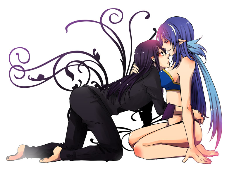 ritsuka (spsc), judith (tales), yuri lowell, tales of (series), tales of vesperia, bad id, bad pixiv id, 00s, 1boy, 1girl, black hair, blue hair, breasts, couple, elf, head on chest, head rest, hetero, large breasts, long hair, naughty face, pointy ears, red eyes