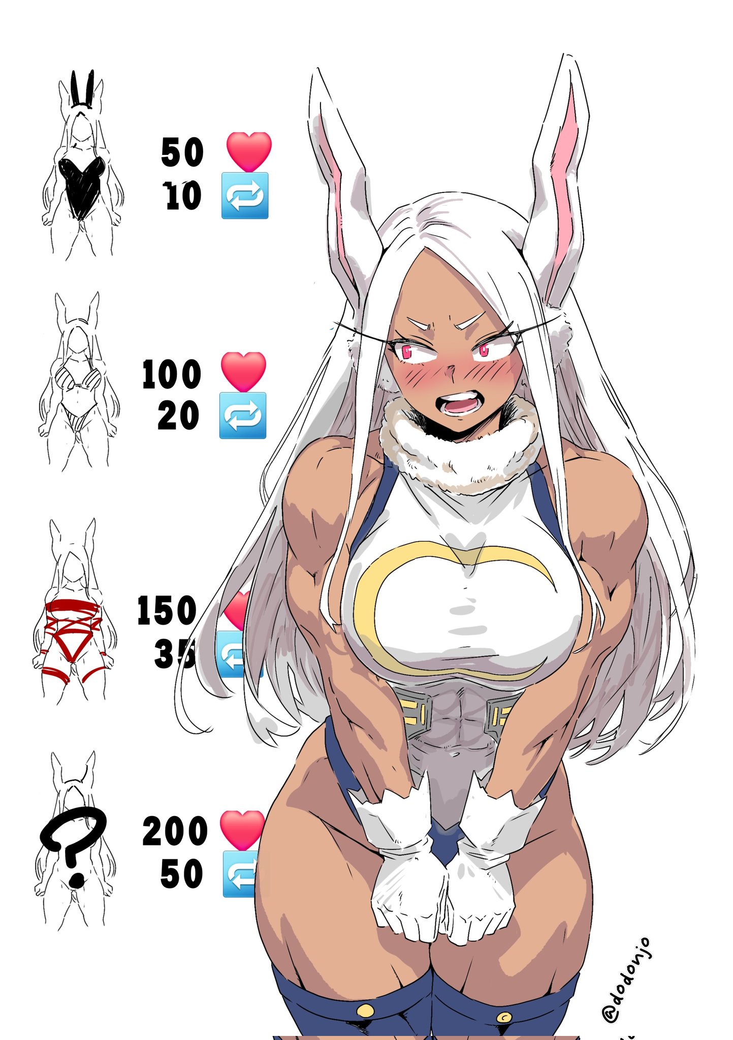 mirko, boku no hero academia, commentary request, corrupted twitter file, highres, 1girl, ?, animal ears, bare shoulders, bikini, blush, breasts, covered abs, covered navel, crescent print, dark-skinned female, dark skin, dodonjo, fur collar, gloves, highleg, highleg leotard, large breasts, leotard, like and retweet, long eyelashes, long hair, looking to the side, naked ribbon, open mouth, parted bangs, playboy bunny, purple thighhighs, rabbit ears, rabbit girl, red eyes, ribbon, simple background, solo, spanish commentary, swimsuit, taut leotard, thick thighs, thighhighs, thighs, toned, toned female, twitter username, v arms, very long hair, white background, white gloves, white hair, white leotard