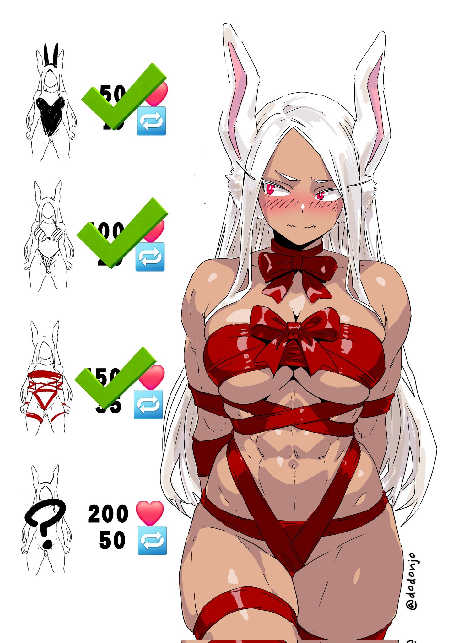 mirko, boku no hero academia, corrupted twitter file, highres, 1girl, ?, abs, alternate costume, animal ears, arms behind back, bikini, blush, bow, breasts, checkmark, cleavage, closed mouth, dark-skinned female, dark skin, dodonjo, large breasts, long eyelashes, long hair, looking to the side, naked ribbon, navel, parted bangs, playboy bunny, rabbit ears, rabbit girl, red bow, red eyes, red ribbon, ribbon, simple background, skindentation, solo, spanish commentary, stomach, swimsuit, thick thighs, thighs, toned, toned female, very long hair, wavy mouth, white background, white hair