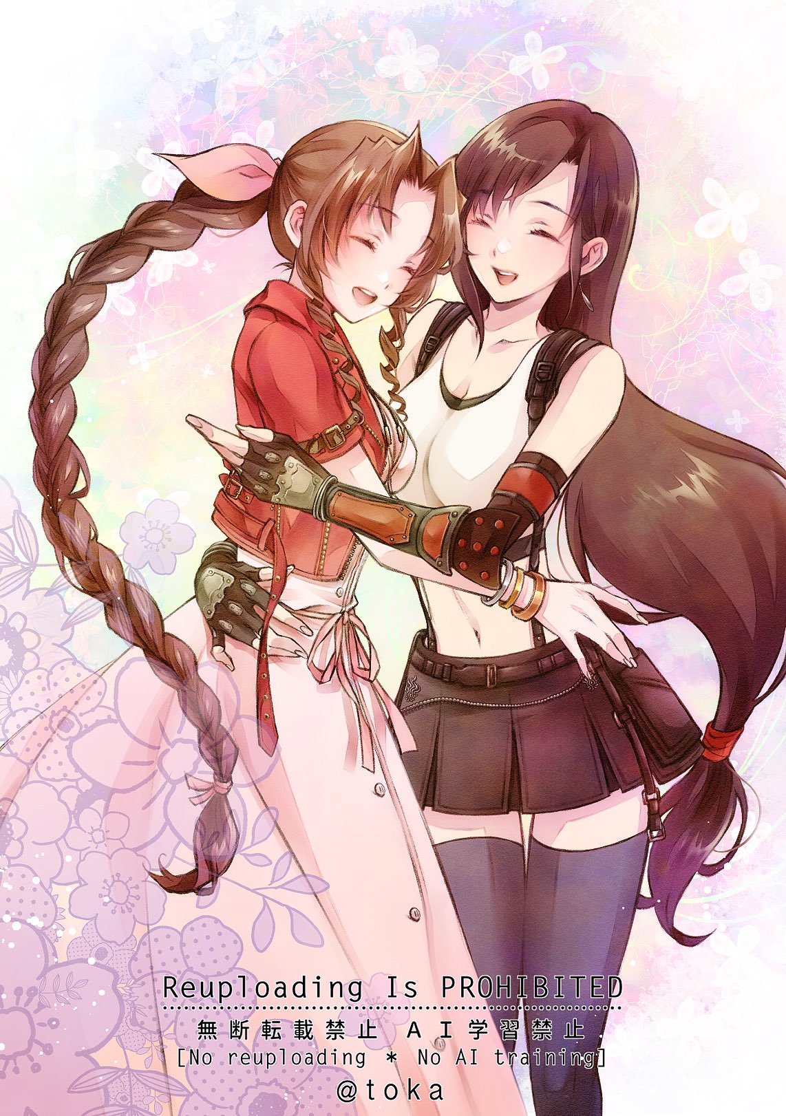quichi 91, aerith gainsborough, tifa lockhart, final fantasy, final fantasy vii, final fantasy vii remake, commentary request, highres, 2girls, :d, ^ ^, bangle, black gloves, black skirt, black sports bra, black thighhighs, bracelet, braid, braided ponytail, breasts, cleavage, closed eyes, collarbone, couple, crop top, dress, earrings, elbow pads, fingerless gloves, fingernails, floating earrings, gloves, hair ribbon, hug, jacket, jewelry, large breasts, laughing, long hair, low-tied long hair, midriff, multiple girls, navel, open mouth, parted bangs, pink dress, red jacket, ribbon, short sleeves, skirt, smile, sports bra, suspender skirt, suspenders, suspenders gap, swept bangs, tank top, teeth, thighhighs, tri drills, upper teeth only, very long hair, white tank top, yuri, zettai ryouiki