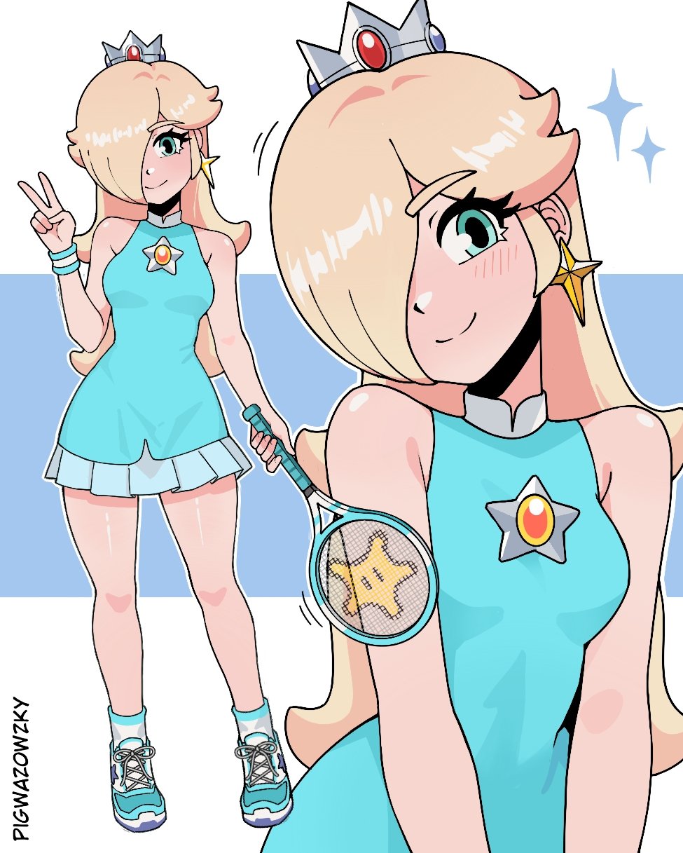 pigwazowzky, rosalina, mario (series), mario tennis, nintendo, commentary, english commentary, highres, 1girl, artist name, bare shoulders, blonde hair, blue dress, blue eyes, blush, brooch, closed mouth, crown, dress, earrings, hair over one eye, holding, holding tennis racket, jewelry, long hair, looking at viewer, multiple views, official alternate costume, racket, rosalina (sports), simple background, sleeveless, sleeveless dress, smile, star (symbol), star brooch, star earrings, tennis racket, v, wristband