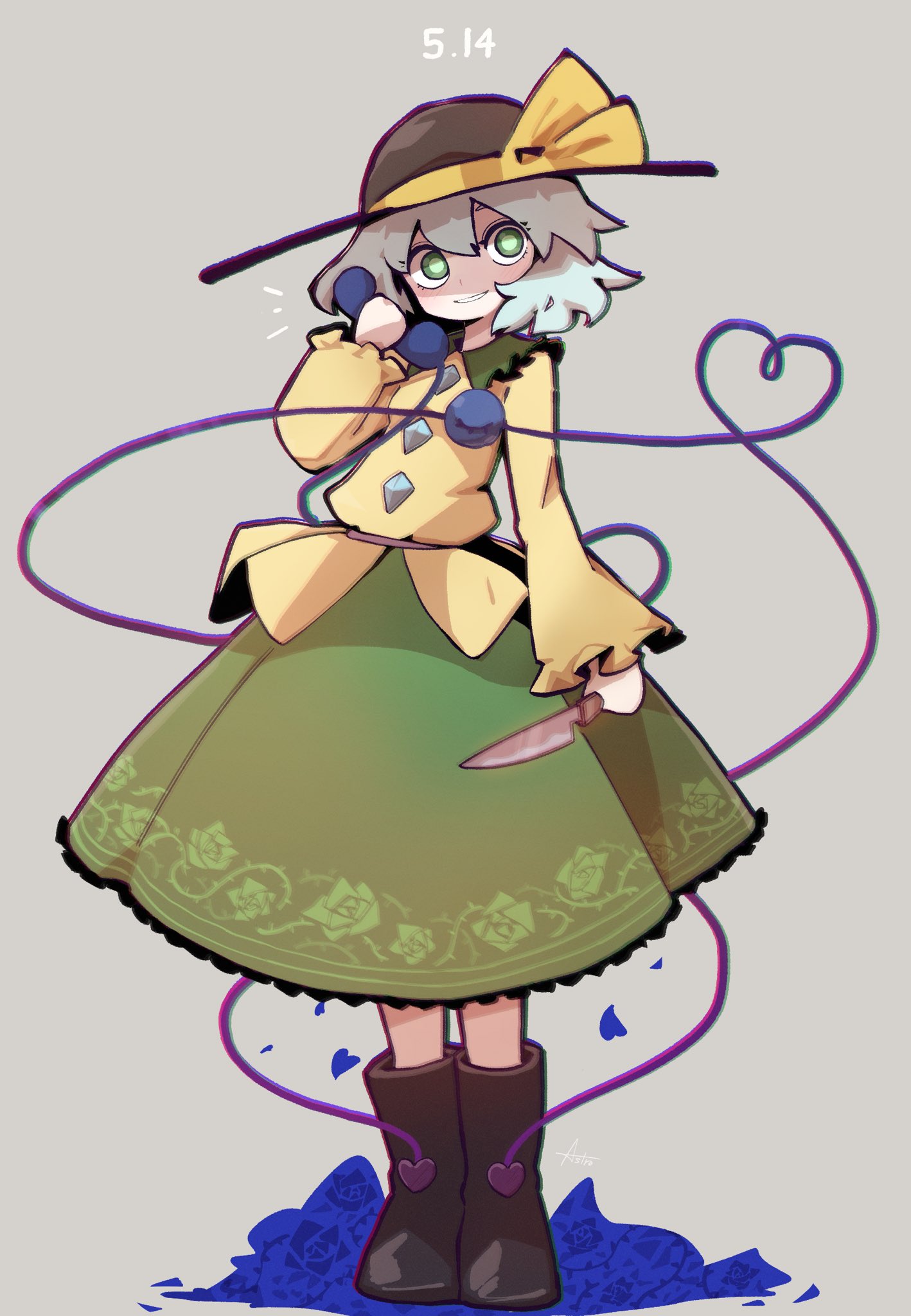 asutoro (s–t), komeiji koishi, touhou, hashtag-only commentary, highres, 1girl, green eyes, green skirt, grey background, holding, holding knife, holding phone, kitchen knife, knife, koishi day, long sleeves, medium hair, phone, shirt, skirt, solo, wide brim, yellow shirt
