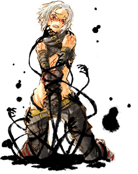 yokoshima (tirimoti), haseo, .hack//, .hack//g.u., bandai, cyber connect 2, silver hair, gender request, 00s, androgynous, bdsm, blush, bondage, bound, elbow gloves, gloves, kneeling, male focus, midriff, open mouth, red eyes, solo, tentacles, tentacles on male, undressing