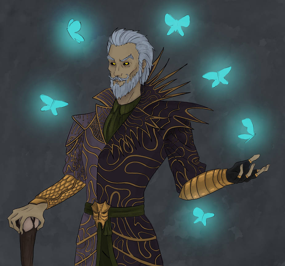 sheogorath, the elder scrolls, the elder scrolls iv: oblivion, commentary, english commentary, 1boy, black sclera, blue butterfly, bracer, bread, bug, butterfly, cane, colored sclera, cowboy shot, dress shirt, facial hair, food, glowing butterfly, gold embroidery, grey background, hair slicked back, insect, jacket, looking at viewer, male focus, mustache, open hand, ornate clothes, purple jacket, radsnroses, shirt, short sleeves, slit pupils, solo, standing, suit jacket, white hair, yellow eyes