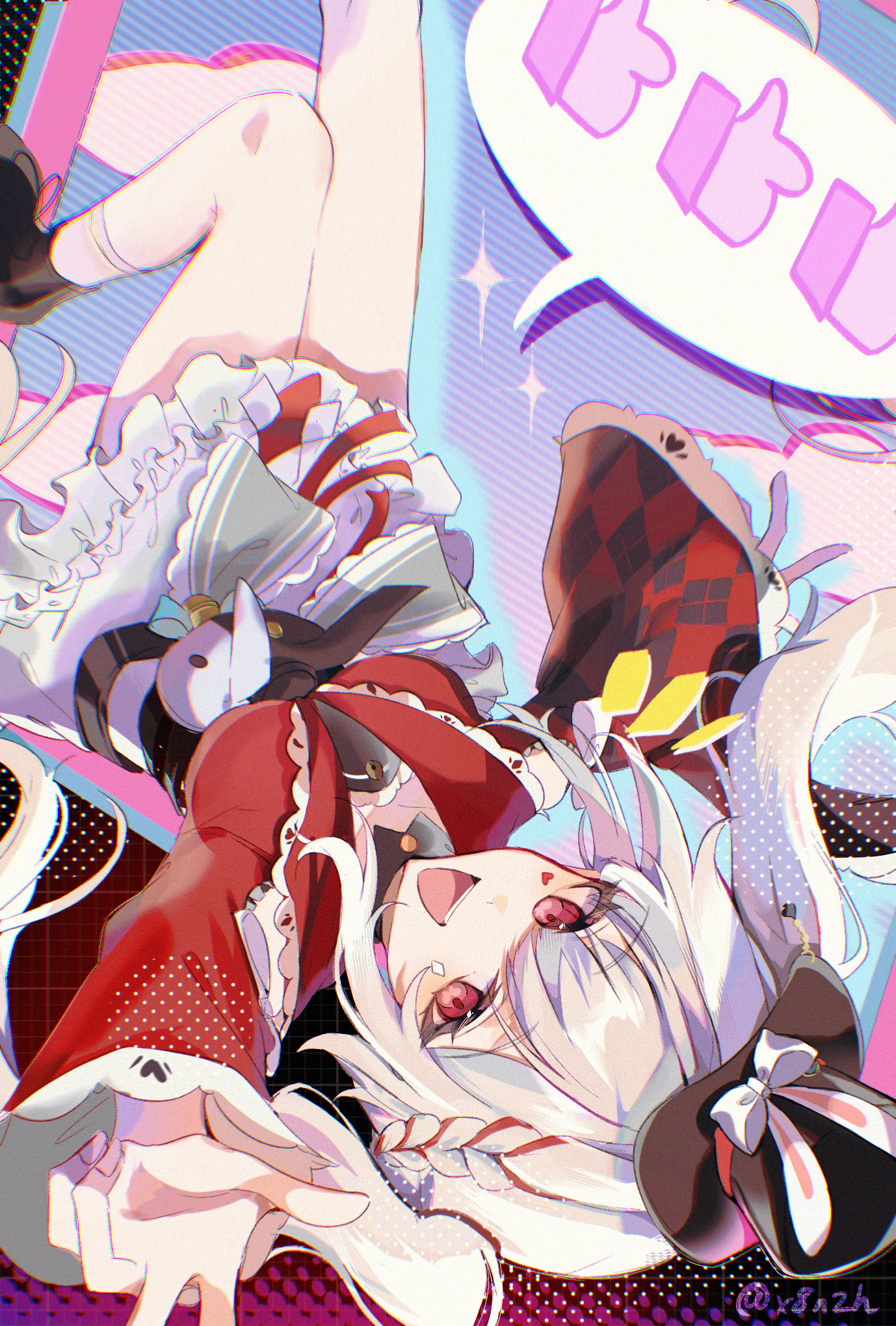 sparkle (honkai: star rail), sparxie (honkai: star rail), honkai: star rail, honkai (series), commentary request, highres, 1girl, :d, animal ears, bow, braid, breasts, choker, diamond (shape), diamond facial mark, dress, facial mark, frills, hat, hat ornament, heart, heart facial mark, medium breasts, open mouth, rabbit ears, rabbit hat ornament, red eyes, red streaks, shoes, side braid, smile, teeth, thighs, twintails, upper teeth only, white hair, x8n2h