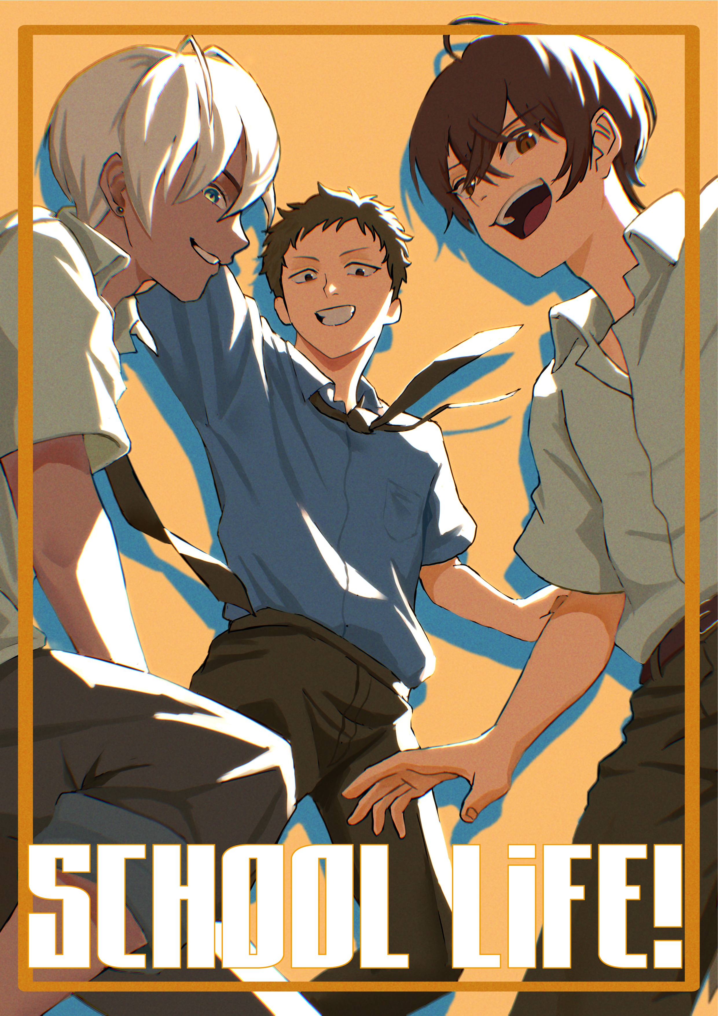 magurosamm, ibrahim (nijisanji), kagami hayato, yashiro kizuku, nijisanji, absurdres, commentary request, highres, ahoge, arm up, black necktie, blue necktie, brown eyes, brown hair, brown pants, collared shirt, drop shadow, english text, grin, inset border, looking at viewer, male focus, necktie, open mouth, pants, shirt, short hair, short sleeves, smile, virtual youtuber, white hair, white shirt, yellow background