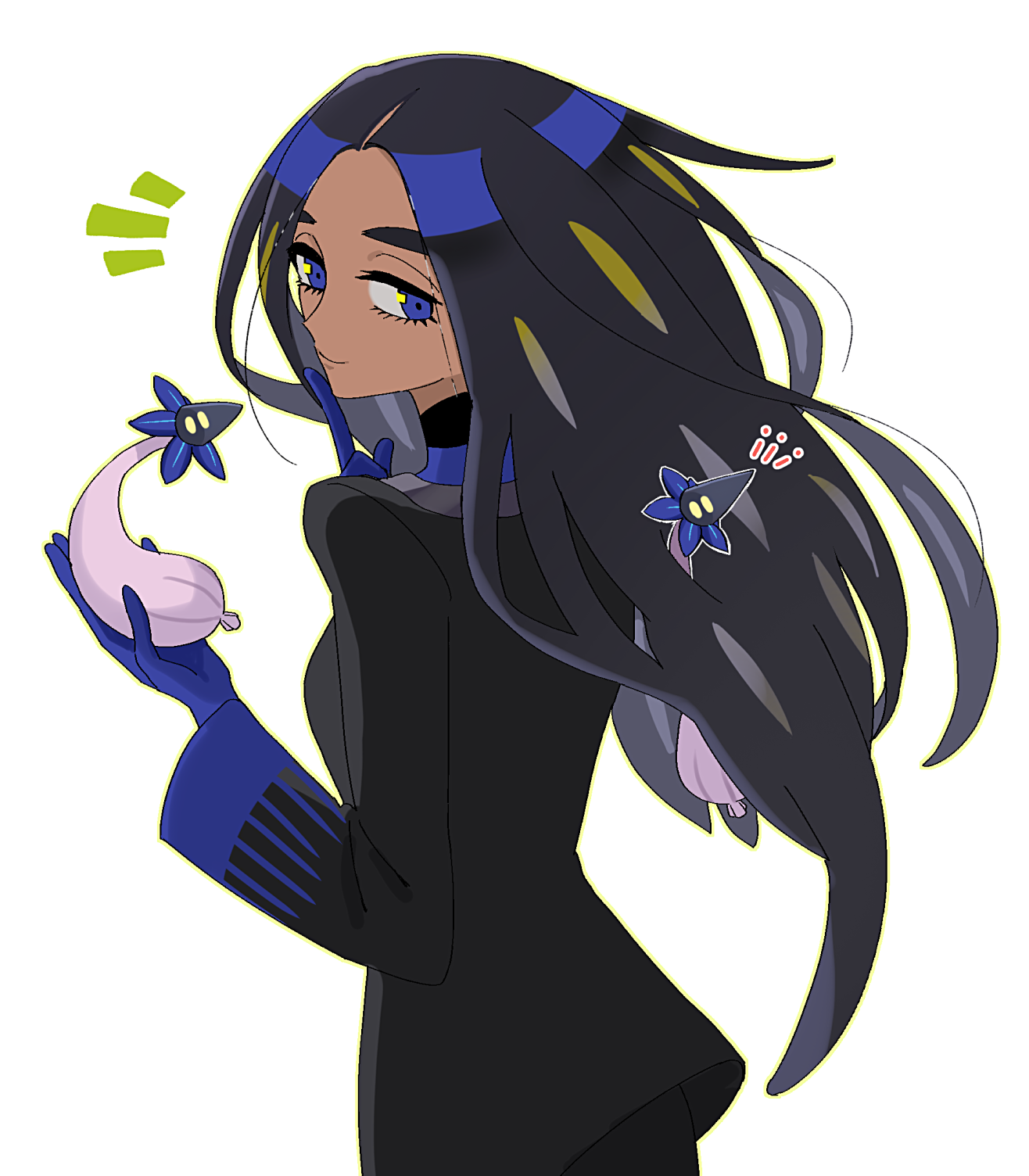 lvetica, geeta (pokemon), glimmet, nintendo, pokemon, pokemon sv, commentary request, highres, 1girl, black hair, blue eyes, blue gloves, closed mouth, dark-skinned female, dark skin, eyelashes, finger to own chin, gloves, holding, holding pokemon, long hair, long sleeves, looking back, notice lines, pokemon (creature), simple background, smile, solid oval eyes, thick eyebrows, white background, yellow eyes