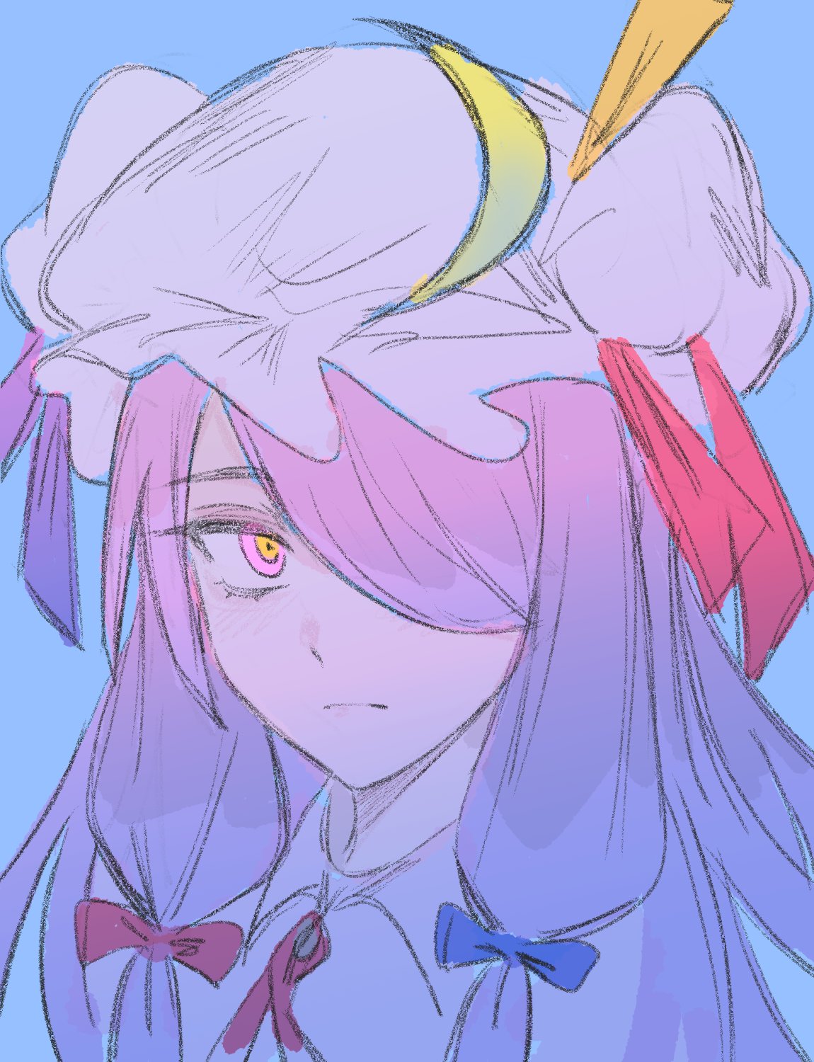 quatro10257041, patchouli knowledge, touhou, highres, 1girl, aqua background, crescent, crescent hat ornament, hat, hat ornament, long hair, mob cap, one eye covered, portrait, purple eyes, solo