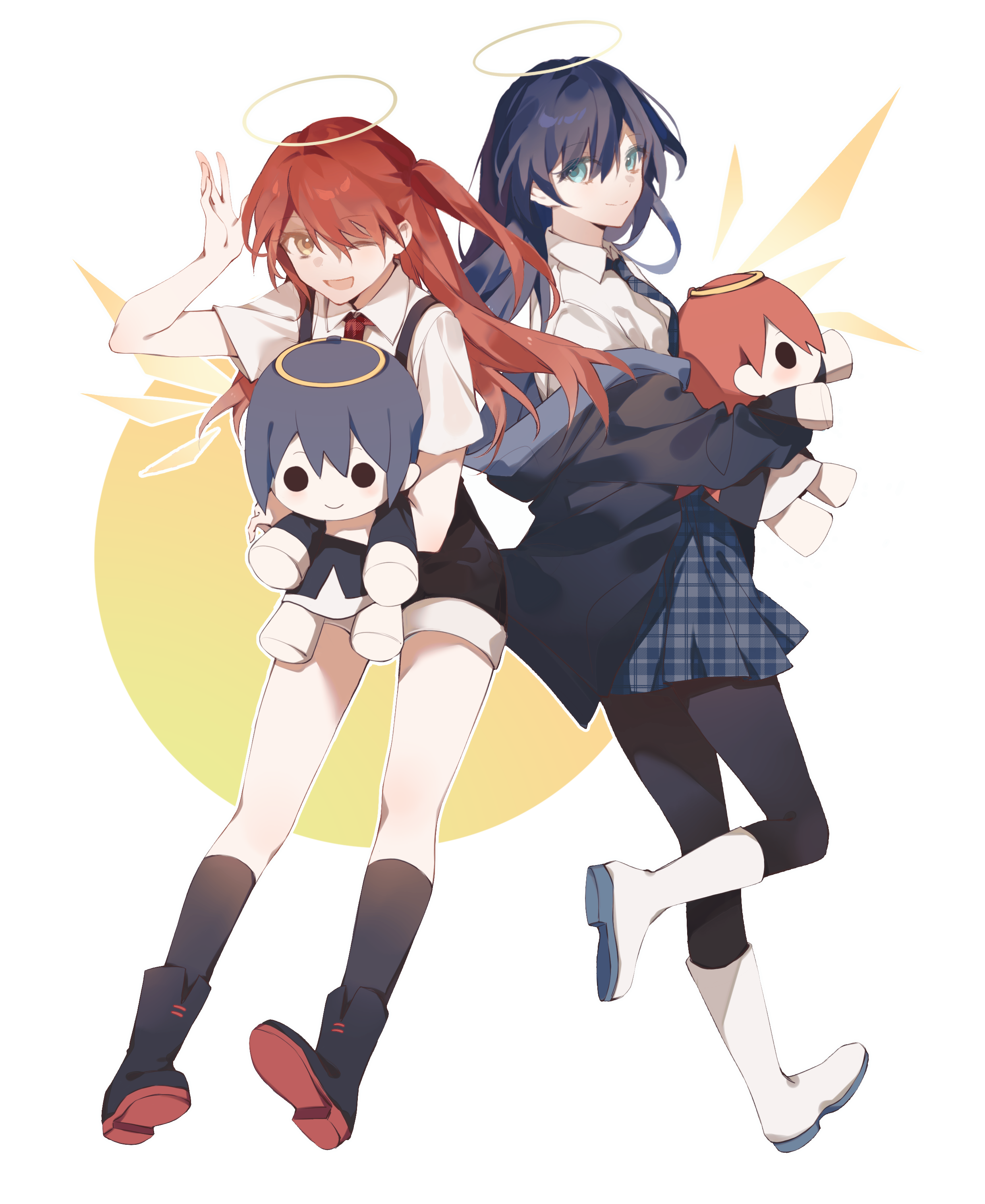 exusiai (arknights), mostima (arknights), arknights, absurdres, chinese commentary, commentary request, highres, 2girls, ;d, alternate costume, alternate hair length, alternate hairstyle, ayster, back-to-back, black boots, black jacket, black pantyhose, black shorts, black socks, blue eyes, blue hair, blue skirt, boots, character doll, closed mouth, collared shirt, detached wings, doll, full body, halo, holding, holding doll, jacket, long hair, long sleeves, looking at viewer, multiple girls, necktie, off shoulder, one eye closed, open mouth, pantyhose, red hair, shirt, shoe soles, shorts, skirt, smile, socks, standing, standing on one leg, traditional halo, white boots, white shirt, wings