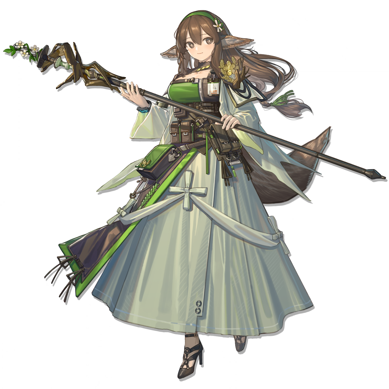 lanzi (415460661), infection monitor (arknights), perfumer (arknights), arknights, highres, official art, third-party source, 1girl, animal ear fluff, animal ears, belt, belt pouch, black shoes, breasts, brown bag, brown belt, brown dress, brown eyes, brown hair, brown overskirt, capelet, cleavage, cleavage cutout, closed mouth, clothing cutout, collarbone, dress, flower, fox ears, fox girl, full body, green bag, green dress, green hairband, green overskirt, green theme, hair between eyes, hair flower, hair ornament, hairband, high heels, holding, holding staff, id card, large breasts, long dress, long hair, long skirt, looking at viewer, multiple belts, overskirt, perfumer the distilled (arknights), plant, pouch, see-through capelet, see-through clothes, shoes, shrug (clothing), sidelocks, simple background, skirt, smile, solo, staff, standing, tachi-e, transparent background, two-tone dress, underbust, vines, white flower, white shrug, white skirt, wide sleeves, zipper dress