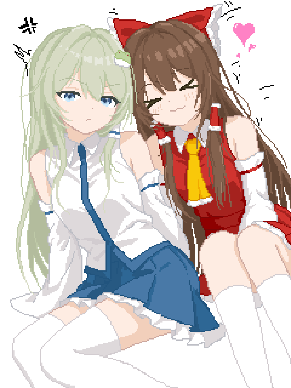 hakurei reimu, kochiya sanae, touhou, commentary request, highres, 2girls, blue eyes, blush, breasts, closed eyes, frog hair ornament, green hair, hair ornament, heart, multiple girls, pixel art, smgdklp