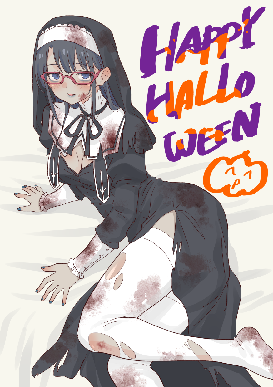daipunch, meganegawa (daipunch), original, commentary request, highres, 1girl, black hair, blood, blood stain, blue eyes, blush, halloween, halloween costume, lying, nun, on side, solo, thighhighs, torn clothes, torn thighhighs, white thighhighs