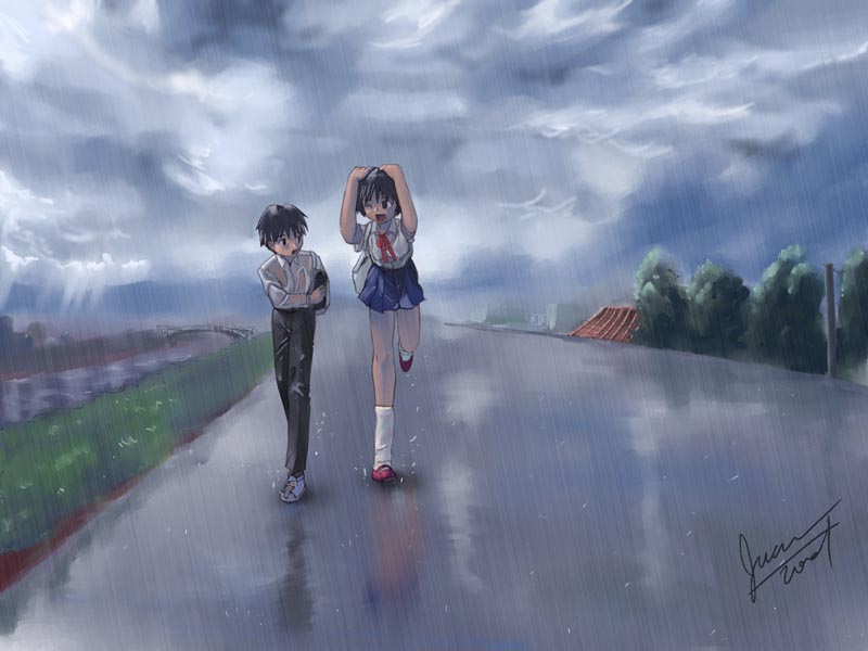 gotou kenji, original, 1boy, 1girl, bag, brother and sister, brown eyes, brown hair, cover, cover page, kneehighs, older sister, rain, running, school bag, school uniform, see-through clothes, siblings, signature, socks, wet