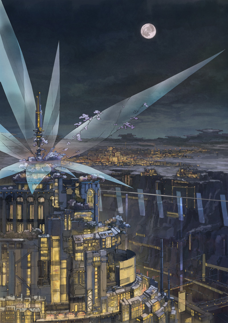 k kanehira, original, city, full moon, moon, night, no humans, scenery