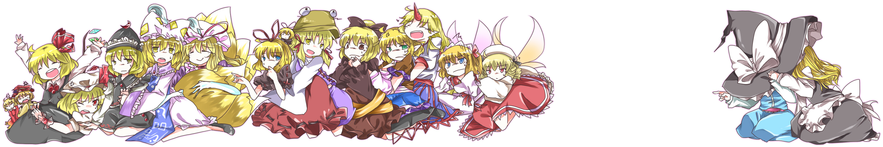 miki (artist), mizuki (flowerlanguage), aki minoriko, aki shizuha, alice margatroid, flandre scarlet, hoshiguma yuugi, kirisame marisa, kurodani yamame, luna child, lunasa prismriver, medicine melancholy, mizuhashi parsee, moriya suwako, rumia, su-san, sunny milk, yakumo ran, yakumo yukari, perfect memento in strict sense, touhou, bad id, bad pixiv id, highres, long image, wide image, 6+girls, anger vein, angry, arms up, blonde hair, color connection, everyone, female focus, hat, horns, hug, kiss, multiple girls, outstretched arms, red eyes, single horn, witch, witch hat, yuri