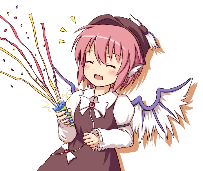phantom2071, mystia lorelei, touhou, 1girl, animal ears, blush, closed eyes, confetti, excited, female focus, happy, hat, party popper, pink hair, short hair, simple background, smile, solo, wings