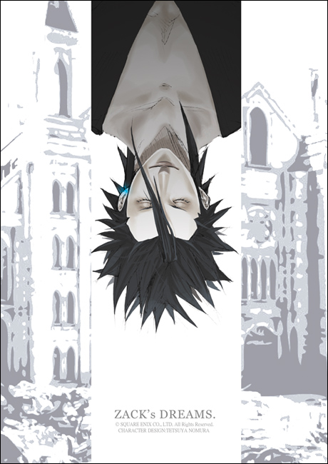 kelongzi, zack fair, final fantasy, final fantasy vii, bad id, bad pixiv id, 1990s (style), 1boy, black hair, church, closed eyes, english text, male focus, smile, solo, spiked hair, upside-down