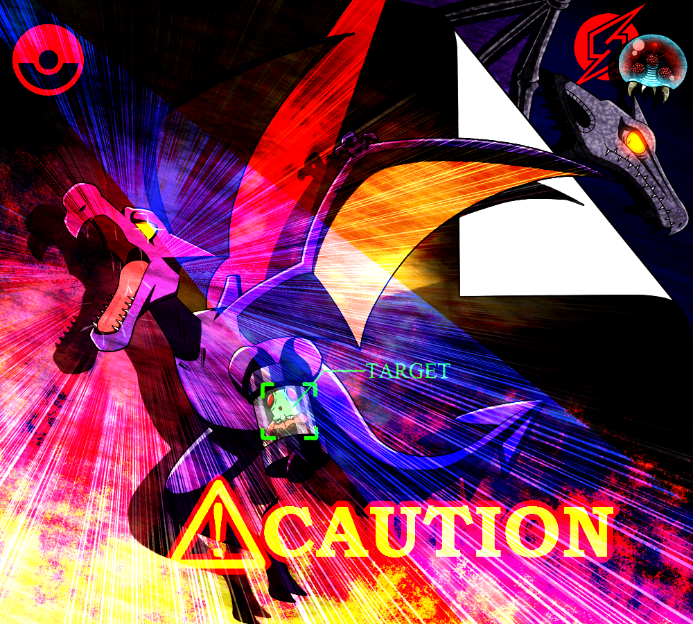 misterror, aerodactyl, metroid (creature), metroid larva, ridley, tentacool, metroid, nintendo, pokemon, super smash bros., bad id, bad pixiv id, caution, fangs, fourth wall, gen 1 pokemon, glowing, glowing eyes, no humans, open mouth, page flap, parody, pokemon (creature), wings, yellow eyes