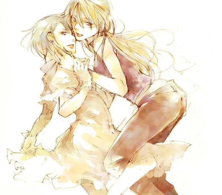 adrian andrews, franziska von karma, ace attorney, capcom, phoenix wright: ace attorney – justice for all, 2girls, blonde hair, blue hair, couple, dress, glasses, hand on another's face, long hair, looking at viewer, multiple girls, short hair, sketch, yuri