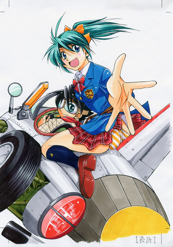 inoue yoshihisa, yokoyama hikari, ojiichan wa shounen tantei, 1boy, 1girl, ass, blue eyes, blue hair, foreshortening, goggles, panties, ponytail, school uniform, striped clothes, striped panties, underwear