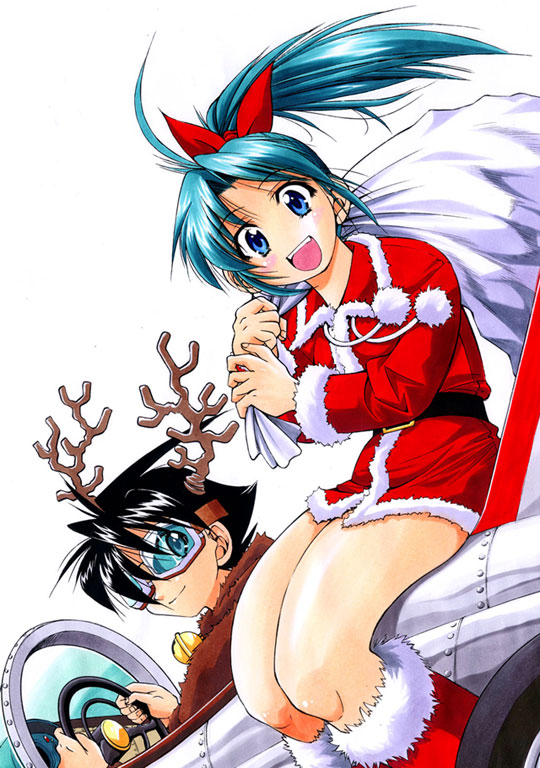 inoue yoshihisa, yokoyama hikari, ojiichan wa shounen tantei, 1boy, 1girl, blue eyes, blue hair, boots, christmas, goggles, santa costume