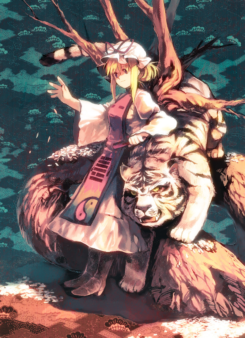 takishima asaka, yakumo yukari, touhou, 1girl, blonde hair, female focus, hat, long hair, solo, tiger, white tiger