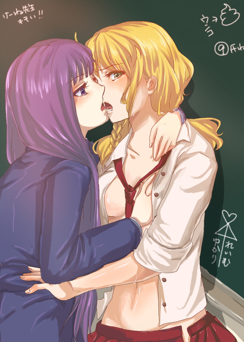 ao, pappappao, kirisame marisa, patchouli knowledge, touhou, bad id, bad pixiv id, highres, 2girls, against wall, ai ai gasa, alternate costume, blonde hair, blush, braid, breasts, chalkboard, circled 9, eye contact, female focus, french kiss, grabbing another's breast, groping, hug, kiss, long hair, looking at another, multiple girls, necktie, open clothes, open mouth, open shirt, open skirt, purple eyes, purple hair, saliva, school uniform, shirt, skirt, sleeves rolled up, tears, tongue, undressing, very long hair, yellow eyes, yuri