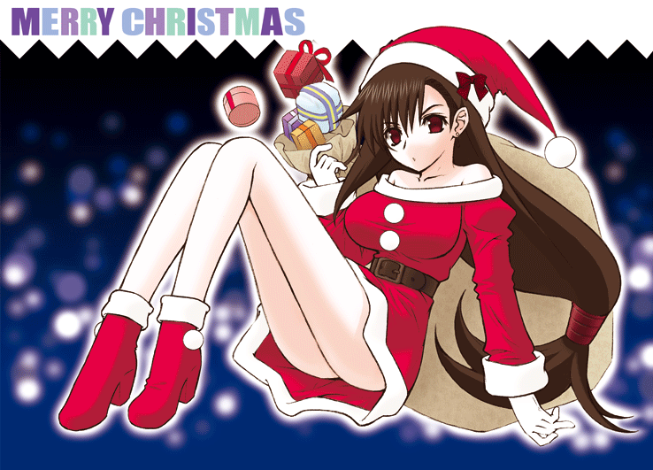 sensouji kinoto, tifa lockhart, final fantasy, final fantasy vii, 1990s (style), 1girl, breasts, brown hair, christmas, female focus, long hair, low-tied long hair, red eyes, retro artstyle, santa costume, shirt, solo, taut clothes, taut shirt