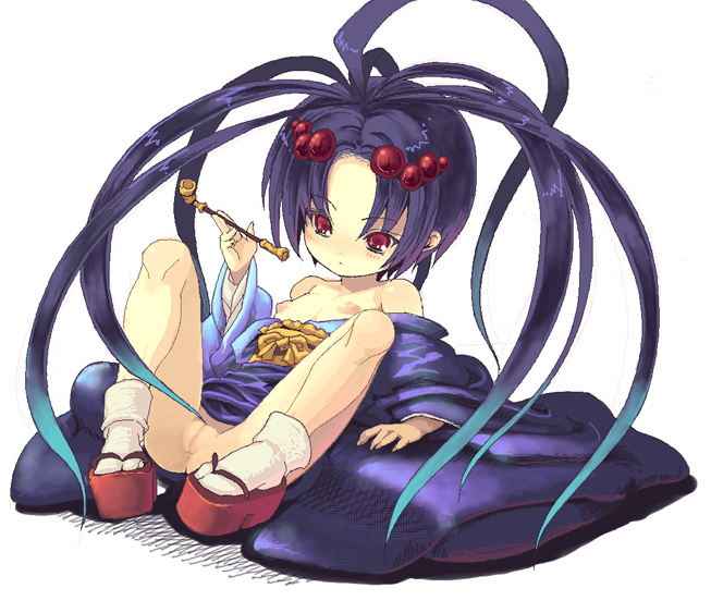 yy, arane, queen's blade, queen's blade spiral chaos, bad id, bad pixiv id, 00s, 1girl, aqua hair, arthropod girl, bare shoulders, black hair, cleft of venus, clog sandals, female focus, flat chest, full body, gradient hair, holding, insect girl, japanese clothes, kimono, kiseru, legs, loli, long hair, monster girl, multicolored hair, nipples, oekaki, prehensile hair, pussy, red eyes, sandals, simple background, smoking pipe, socks, solo, spider girl, spread legs, tabi, uncensored