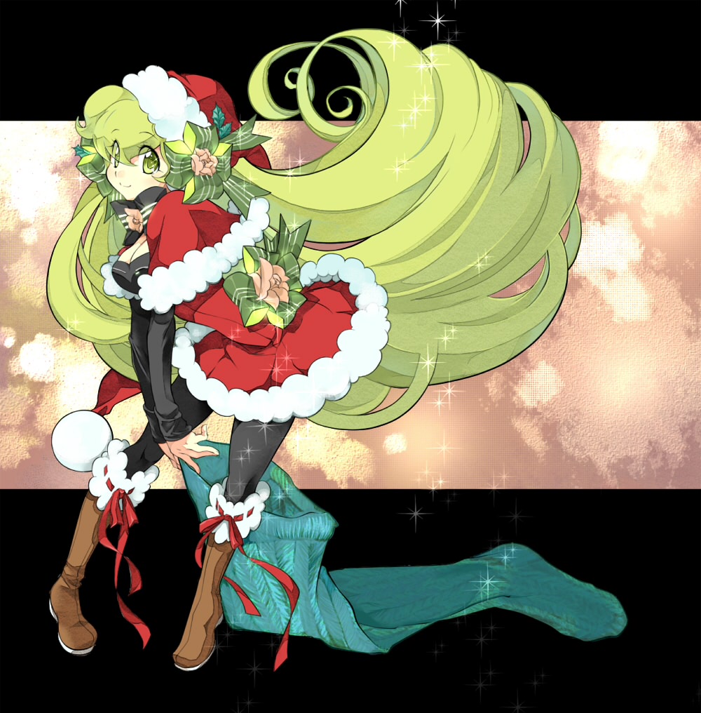 konakonagona, macne nana, apple inc., macne series, bad id, bad pixiv id, 1girl, boots, christmas, female focus, green eyes, green hair, long hair, macintosh, matching hair/eyes, pantyhose, santa costume, solo, very long hair
