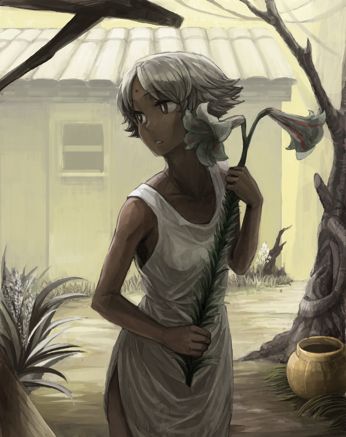 mitsuki32k, original, silver hair, bad id, bad pixiv id, highres, 1girl, dark-skinned female, dark skin, female focus, flower, house, jar, nature, outdoors, short hair, solo, tree