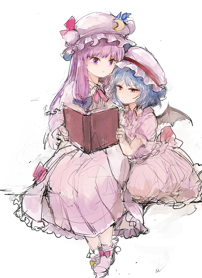 wataichi meko, patchouli knowledge, remilia scarlet, touhou, commentary request, 2girls, bat wings, black wings, blue bow, blue hair, book, bow, crescent, dress, hair bow, hat, hat ornament, holding, holding book, long hair, looking at another, mob cap, multiple girls, purple eyes, purple hair, reading, red eyes, shared book, simple background, sitting, white background, wings