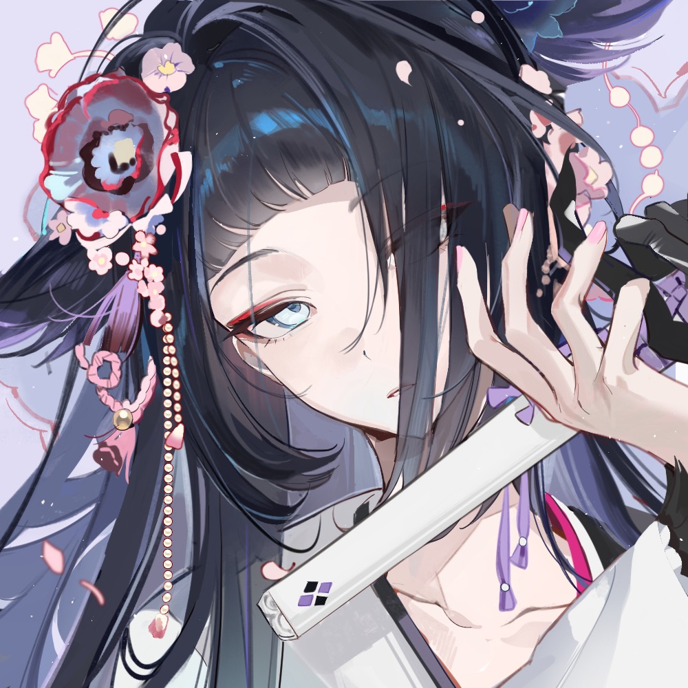 ershuihe, mio (arknights), arknights, chinese commentary, commentary request, 1girl, black hair, blue eyes, blunt bangs, eyeshadow, flower, hair flower, hair ornament, hair over one eye, hands up, head tilt, holding, holding sword, holding weapon, japanese clothes, long hair, looking at viewer, makeup, parted lips, pink flower, portrait, red eyeshadow, solo, sword, tassel, weapon
