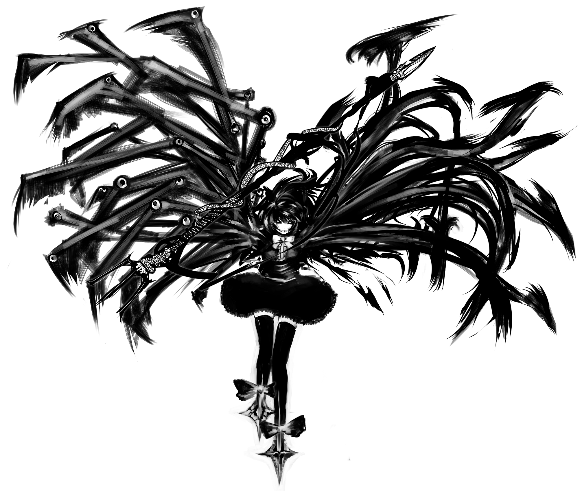 ofuro mantarou, houjuu nue, touhou, bad id, bad pixiv id, highres, 1girl, crazy eyes, evil grin, evil smile, female focus, greyscale, grin, monochrome, polearm, smile, solo, spear, transparent background, trident, weapon