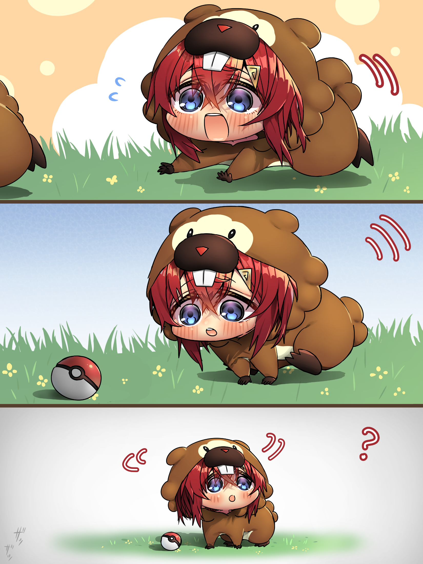 harumina mau, ange katrina, bidoof, nijisanji, nintendo, pokemon, commentary request, highres, 1girl, bidoof (cosplay), blue eyes, blush, chibi, chibi only, closed mouth, cosplay, crossed bangs, double-parted bangs, flying sweatdrops, gen 4 pokemon, grass, hair between eyes, poke ball, poke ball (basic), red hair, short hair, virtual youtuber