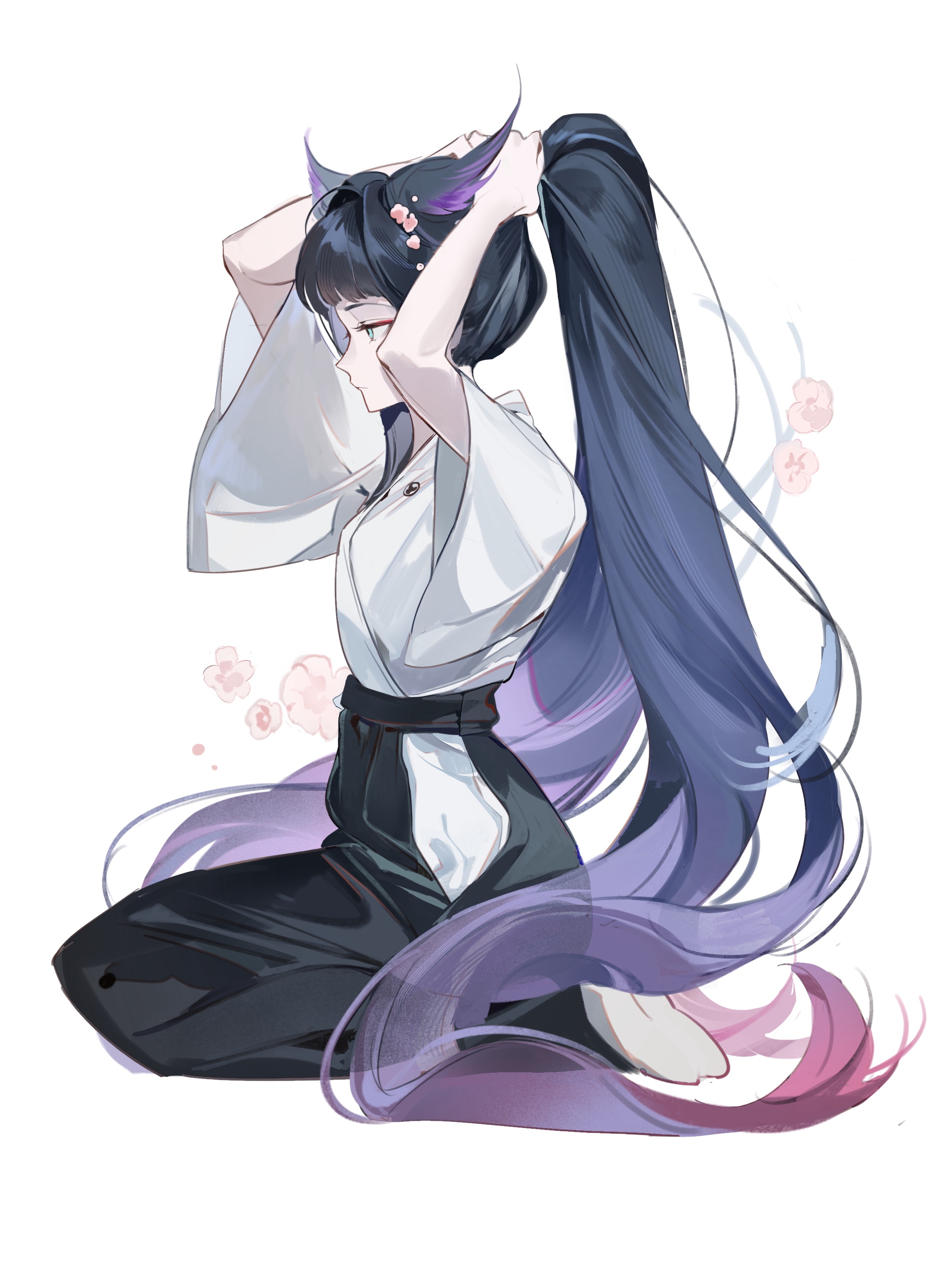 ershuihe, mio (arknights), arknights, absurdres, chinese commentary, commentary request, highres, 1girl, absurdly long hair, adjusting hair, arms up, black hair, black hakama, blue eyes, blunt bangs, closed mouth, flower, from side, full body, hair flower, hair ornament, hair wings, hakama, hands in own hair, holding, holding own hair, japanese clothes, kimono, long hair, long sleeves, ponytail, profile, simple background, sitting, socks, solo, tying hair, very long hair, white background, white kimono, white socks, wide sleeves