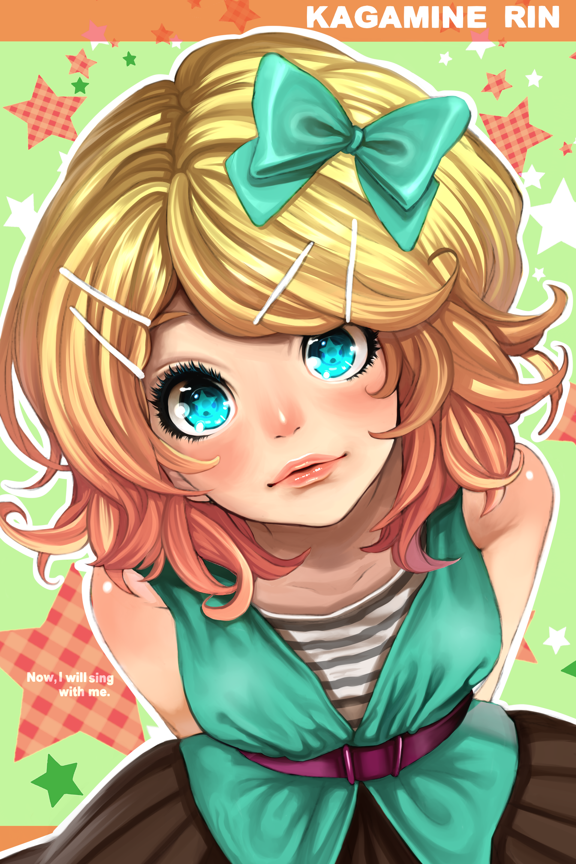 minami haruya, kagamine rin, vocaloid, absurdres, bad id, bad pixiv id, highres, + +, 1girl, aqua eyes, bent over, blonde hair, bow, casual, english text, engrish text, female focus, hair bow, hair ornament, hair ribbon, hairclip, lips, ranguage, ribbon, short hair, solo, star (symbol)