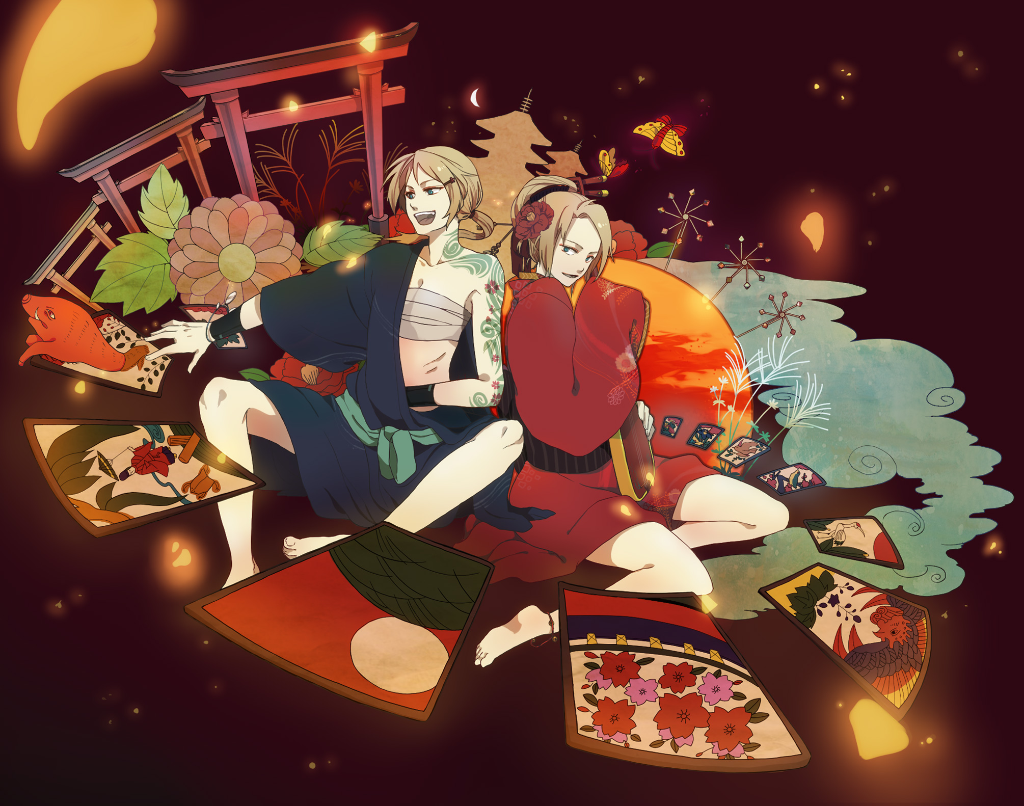 ikuryomaga, kagamine len, kagamine rin, vocaloid, bad id, bad pixiv id, highres, 1boy, 1girl, alternate hairstyle, aqua eyes, blonde hair, brother and sister, camellia, comb, flower, hair flower, hair ornament, hairclip, hanafuda, instrument, japanese clothes, kimono, long hair, sarashi, shamisen, siblings, smile, torii, twins