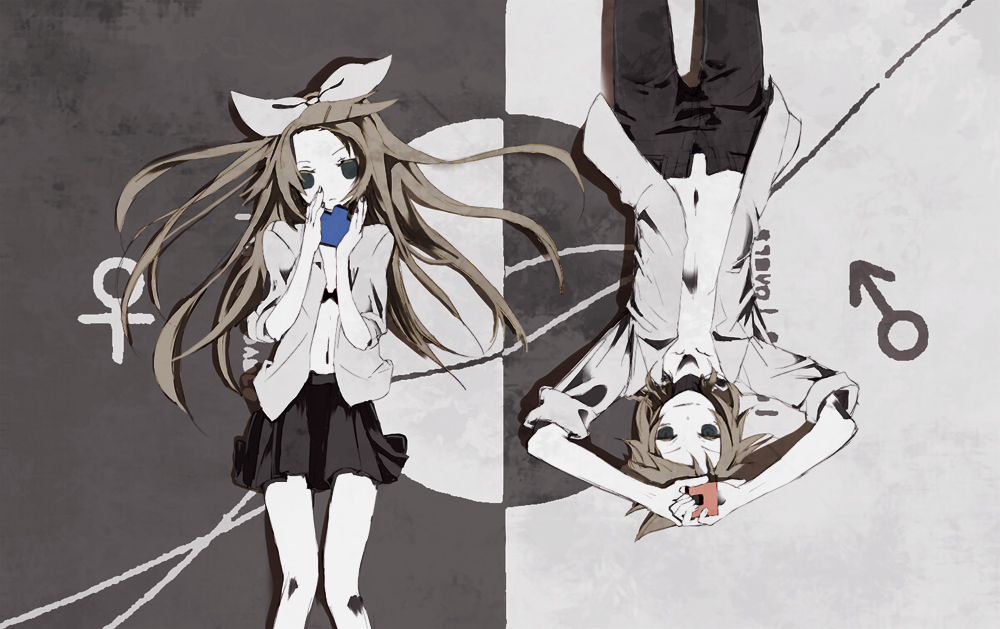 una (mazinger), kagamine len, kagamine rin, ura-omote lovers (vocaloid), vocaloid, 1boy, 1girl, alternate hairstyle, aqua eyes, blonde hair, bra, brother and sister, hair ornament, hair ribbon, hairclip, high contrast, lingerie, long hair, mars symbol, muted color, open clothes, open shirt, ribbon, rotational symmetry, shirt, siblings, skirt, sleeves rolled up, twins, underwear, venus symbol