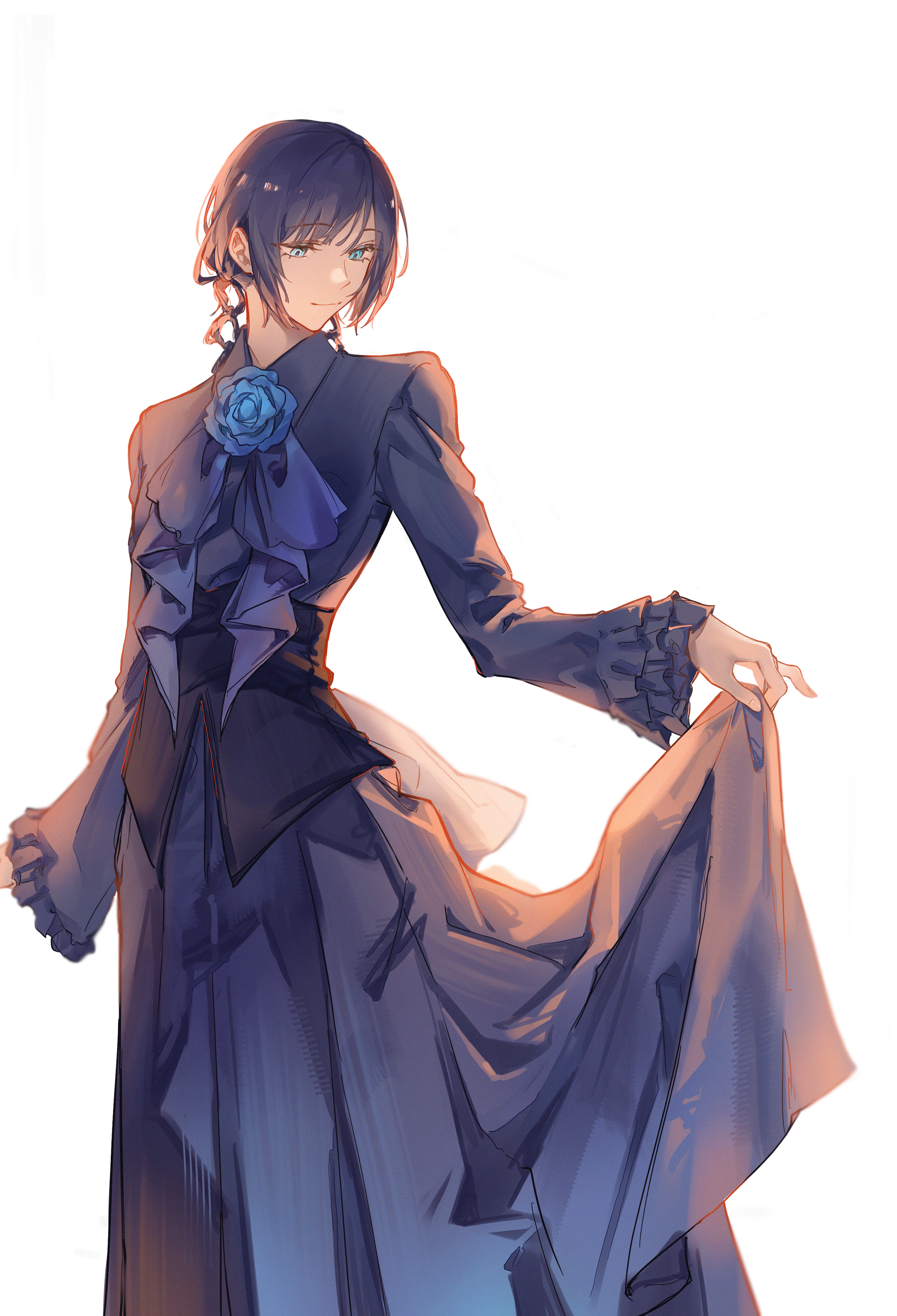 haaahoi, chando (ado), ado (utaite), absurdres, commentary, english commentary, hairstyle request, highres, neckwear request, 1girl, backlighting, black hair, blue dress, blue eyes, blue flower, blue hair, blue jacket, blue rose, braid, collared jacket, dress, feet out of frame, flower, frilled jacket, frills, jacket, light smile, long hair, long skirt, long sleeves, looking to the side, rose, skirt, skirt hold, solo, standing, suit jacket, utaite, white background, wide sleeves