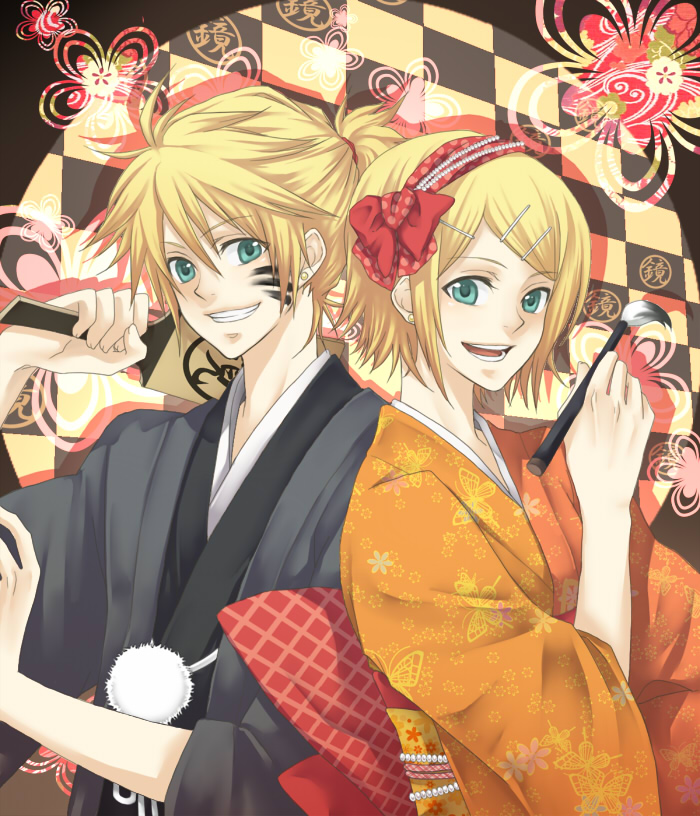 gamu, kimino tomonari, kagamine len, kagamine rin, vocaloid, bad id, bad pixiv id, 1boy, 1girl, aqua eyes, blonde hair, brother and sister, hair ornament, hairband, hairclip, japanese clothes, kimono, short hair, siblings, smile, twins