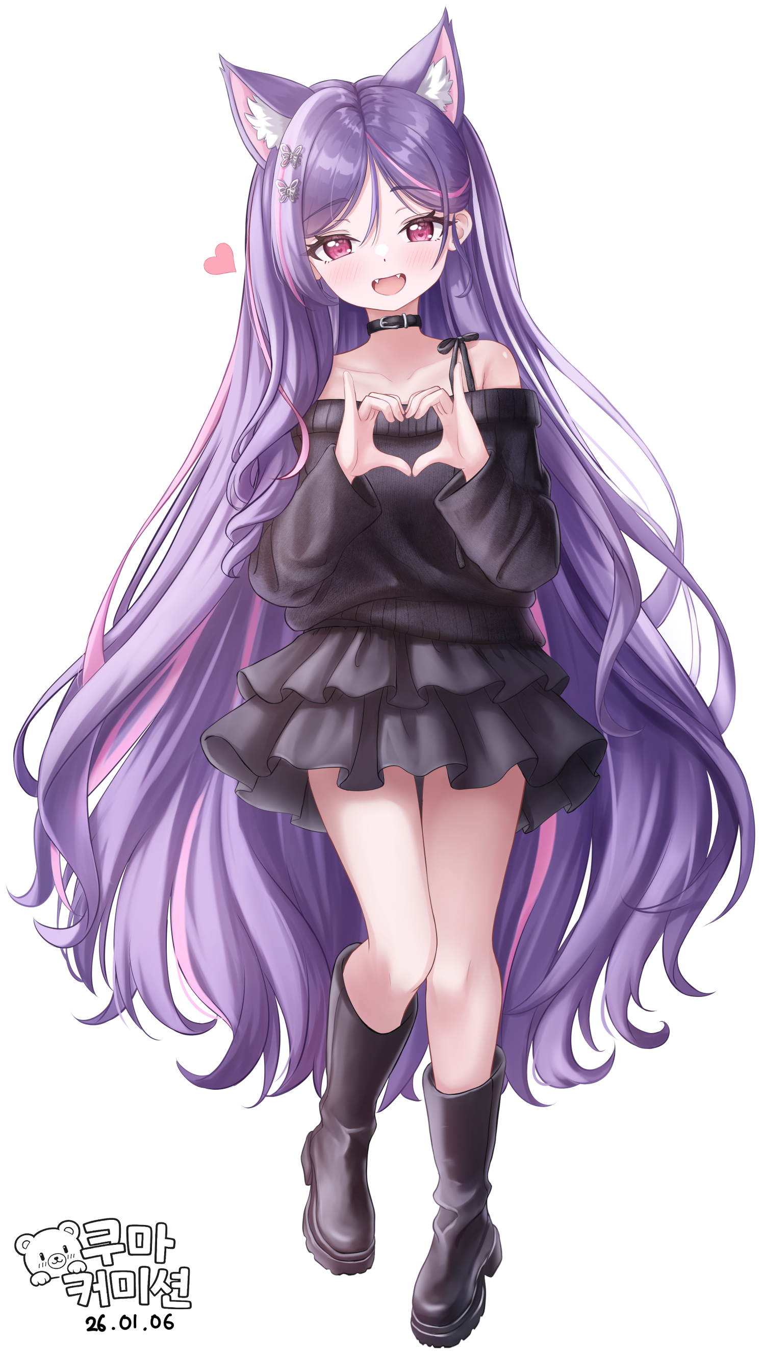 kuma piv, absurdres, character request, commentary, commission, copyright request, english commentary, highres, 1girl, :d, animal ear fluff, animal ears, bare shoulders, black boots, black collar, black skirt, black sweater, boots, butterfly hair ornament, collar, fangs, full body, hair ornament, heart, heart hands, layered skirt, long hair, long sleeves, looking at viewer, miniskirt, multicolored hair, off-shoulder sweater, off shoulder, open mouth, pink hair, purple eyes, purple hair, simple background, skirt, smile, streaked hair, sweater, very long hair, virtual youtuber, white background