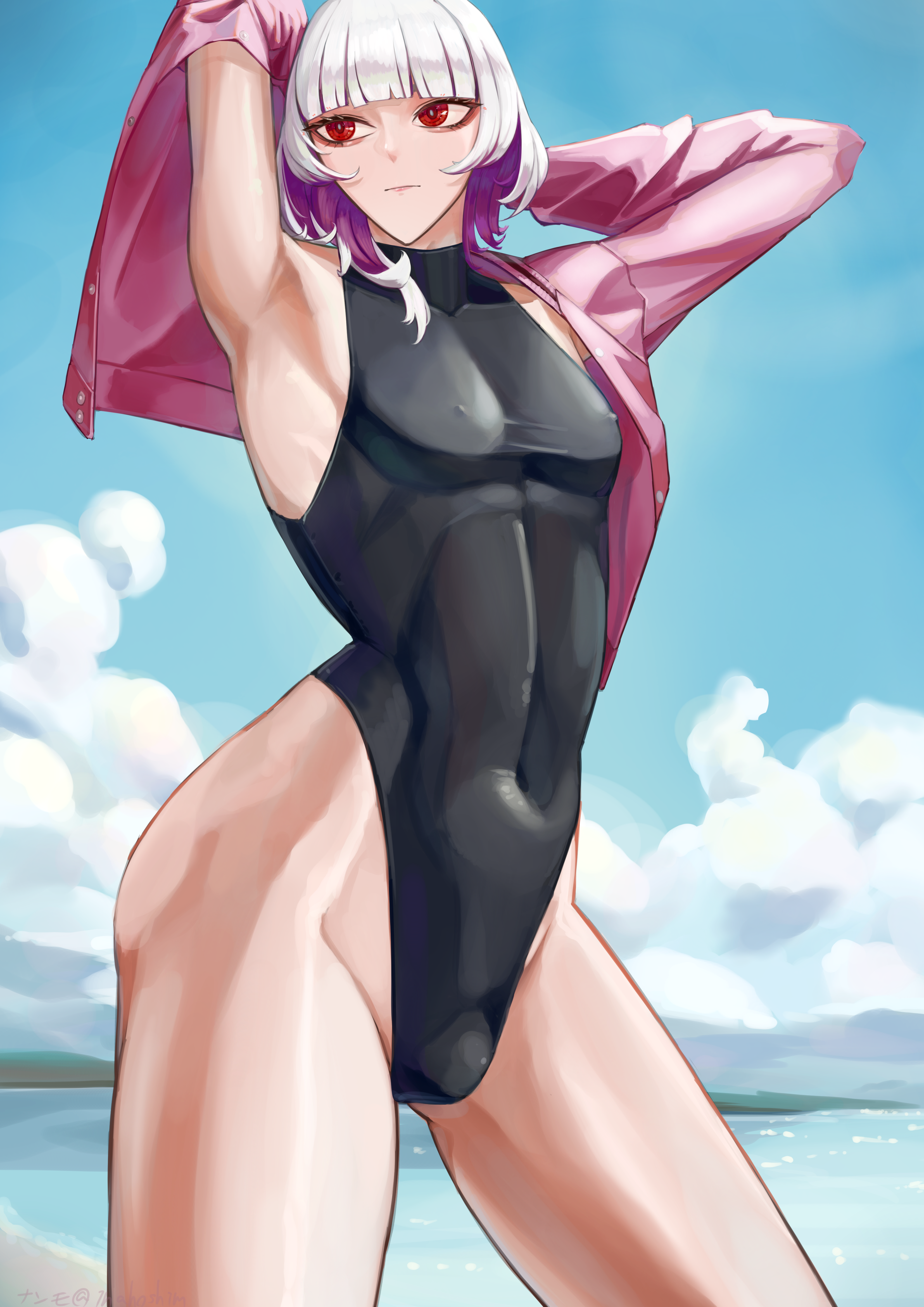 original, absurdres, commentary request, highres, 1boy, armpits, black one-piece swimsuit, blunt bangs, bulge, colored inner hair, cropped legs, crossdressing, crossdressing (mtf), grey hair, highleg, highleg one-piece swimsuit, inahoshim, jacket, multicolored hair, one-piece swimsuit, pink jacket, purple hair, red eyes, standing, swimsuit, toned, toned male, trap