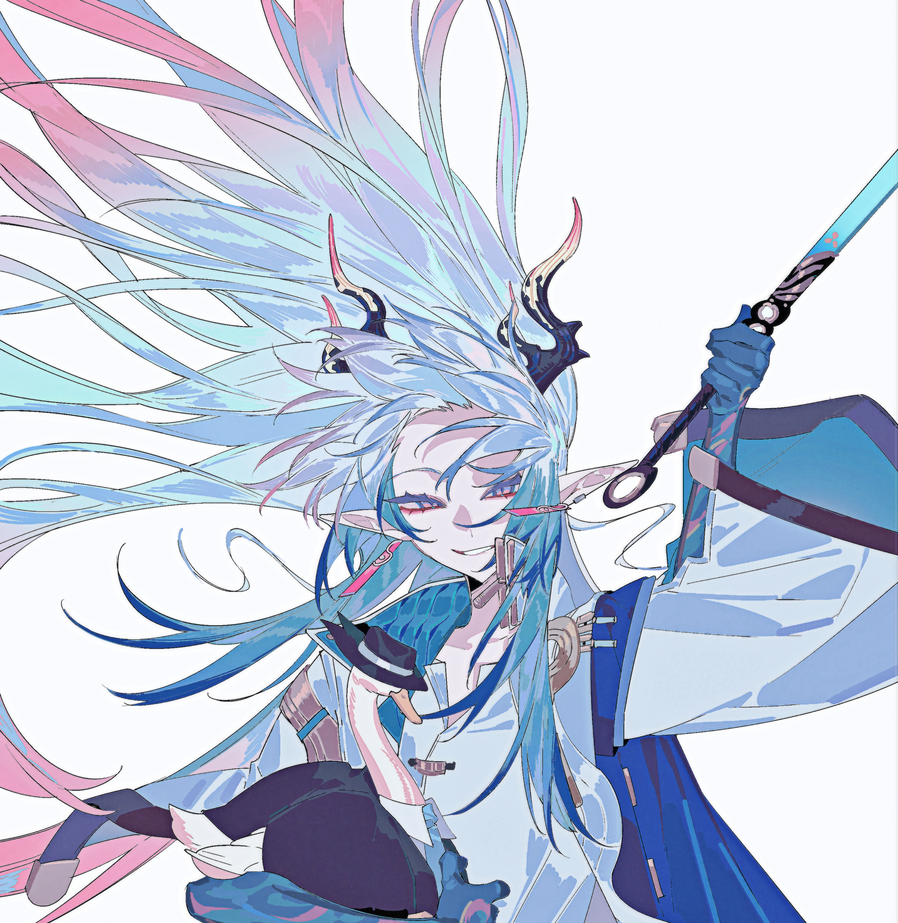 acell1224, yi (arknights), arknights, absurdres, highres, 1boy, blue hands, colored extremities, dragon boy, dragon horns, earrings, eastern dragon horns, floating hair, hair floating upwards, holding, holding weapon, horns, jacket, jewelry, long hair, looking at viewer, male focus, multicolored hair, ofuda earrings, pink eyes, pointy ears, simple background, smile, solo, streaked hair, upper body, very long hair, weapon, white background, white hair, white jacket