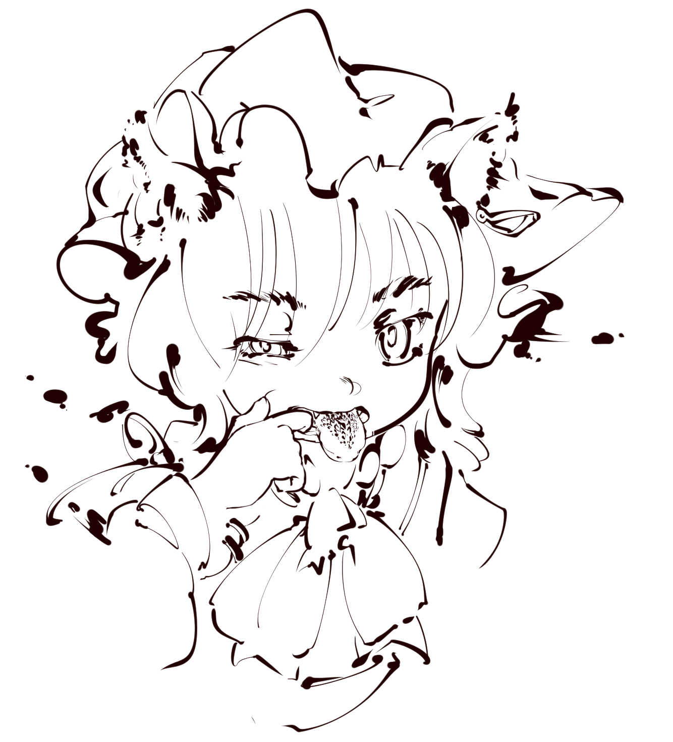 sukunashi negi, chen, touhou, commentary request, highres, 1girl, animal ears, cat's tongue, cat ears, cheek pull, fang, finger in own mouth, hat, looking at viewer, mob cap, monochrome, open mouth, simple background, solo, tongue, tongue out