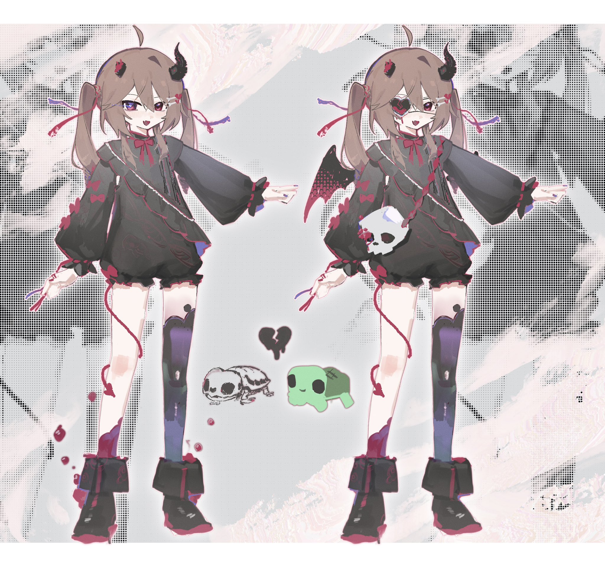 fukasigi64, evil neuro-sama, neuro-sama, vedal987, vedal ai, hashtag-only commentary, highres, 1girl, :d, ahoge, alternate costume, alternate hairstyle, ankle boots, bag, black boots, black nails, black socks, blood, bone hair ornament, boots, broken heart, broken heart hair ornament, broken horn, brown hair, demon horns, demon tail, eyepatch, fang, frilled shorts, frilled sleeves, frills, full body, grey background, hair between eyes, hair ornament, hair ribbon, hairclip, heart, heart eyepatch, heart in eye, horns, lightning bolt symbol, long hair, long sleeves, looking at viewer, mini wings, multiple views, neck ribbon, onesie, open mouth, outstretched arm, parallel hairclips, pointing, puffy long sleeves, puffy shorts, puffy sleeves, red eyes, red ribbon, red socks, ribbon, shorts, shoulder bag, single hair intake, single thighhigh, skeleton, skin fang, skull, smile, socks, standing, symbol in eye, tail, thighhighs, torn hair ribbon, turtle, twintails, wings, zoom layer