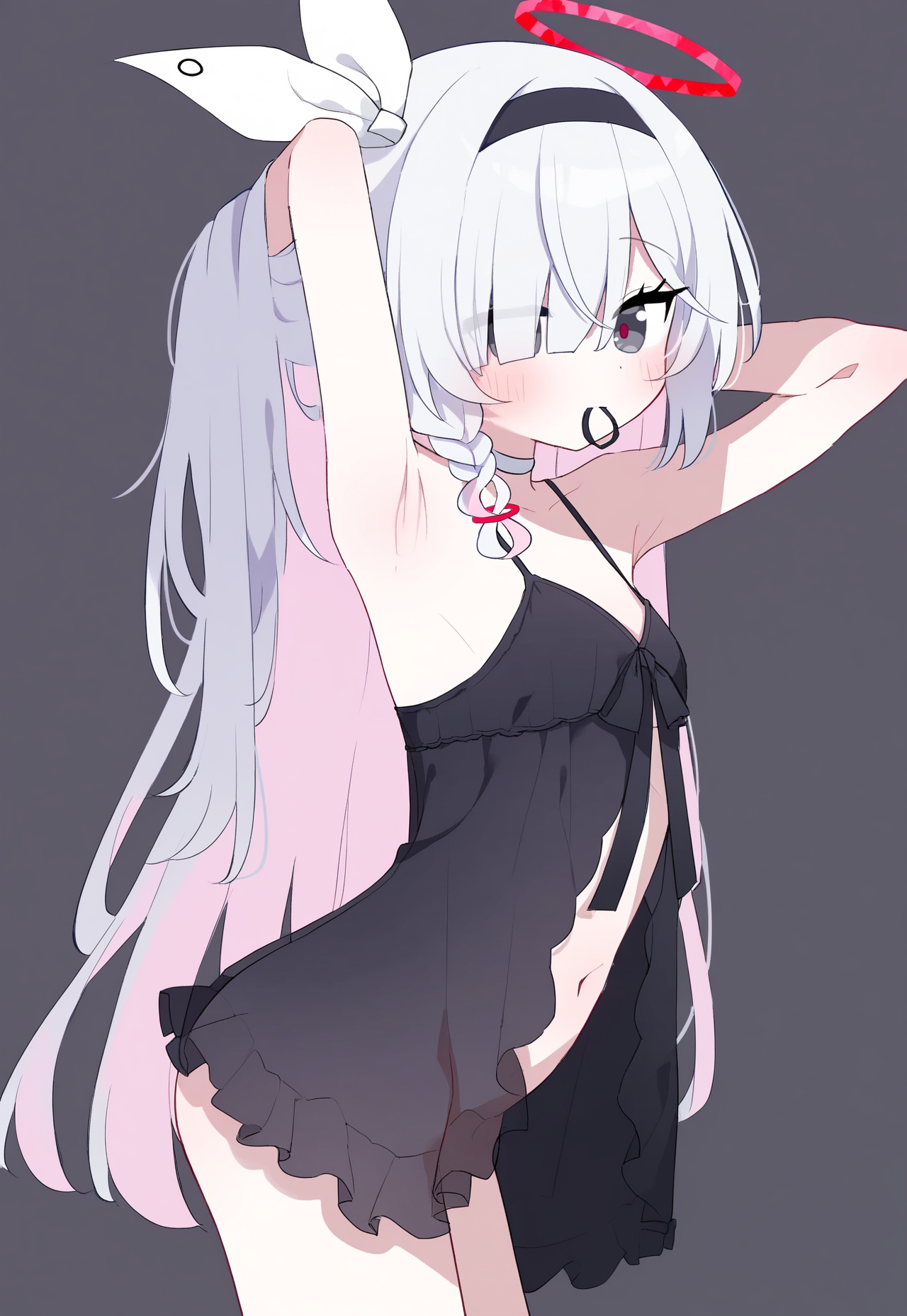 auto ins, plana (blue archive), blue archive, commentary request, highres, 1girl, adjusting hair, alternate costume, armpits, arms behind head, arms up, babydoll, black babydoll, black eyes, black hairband, blush, braid, breasts, choker, colored inner hair, cowboy shot, eyes visible through hair, grey background, hair lift, hair over one eye, hair tie, hair tie in mouth, hairband, halo, hands in own hair, long hair, looking at viewer, midriff, mouth hold, multicolored hair, navel, presenting armpit, red halo, red pupils, ribbon, simple background, single braid, small breasts, solo, tying hair, very long hair, white choker, white hair, white ribbon