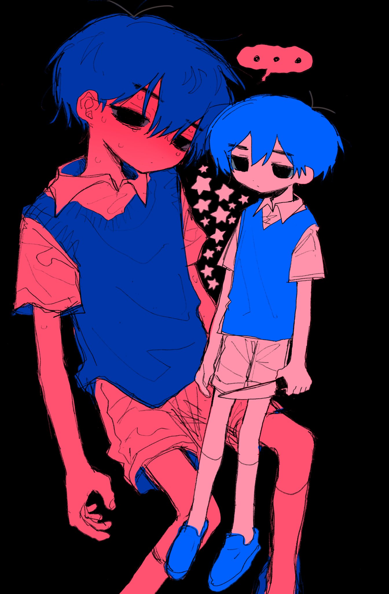 kobanzame omo, sunny (omori), omori, highres, …, 1boy, antenna hair, black background, black eyes, black hair, black shoes, black sweater vest, brown shorts, closed mouth, collared shirt, double-parted bangs, full body, hair between eyes, holding, holding knife, knife, limited palette, looking at viewer, male focus, shirt, shoes, short sleeves, shorts, simple background, socks, solo, speech bubble, spoken ellipsis, sweat, sweater vest, white shirt, white socks